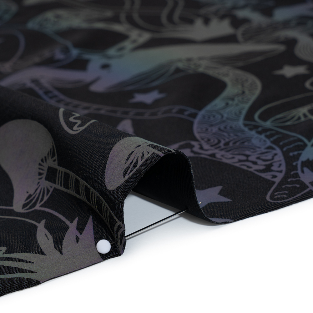 Reflective Print Spandex Knit with 4-Way Stretch - Rainbow and Black Mushrooms