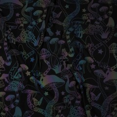 Reflective Print Spandex Knit with 4-Way Stretch – Rainbow and Black Mushrooms Reflective Print Spandex Knit with 4-Way Stretch – Rainbow and Black Mushrooms