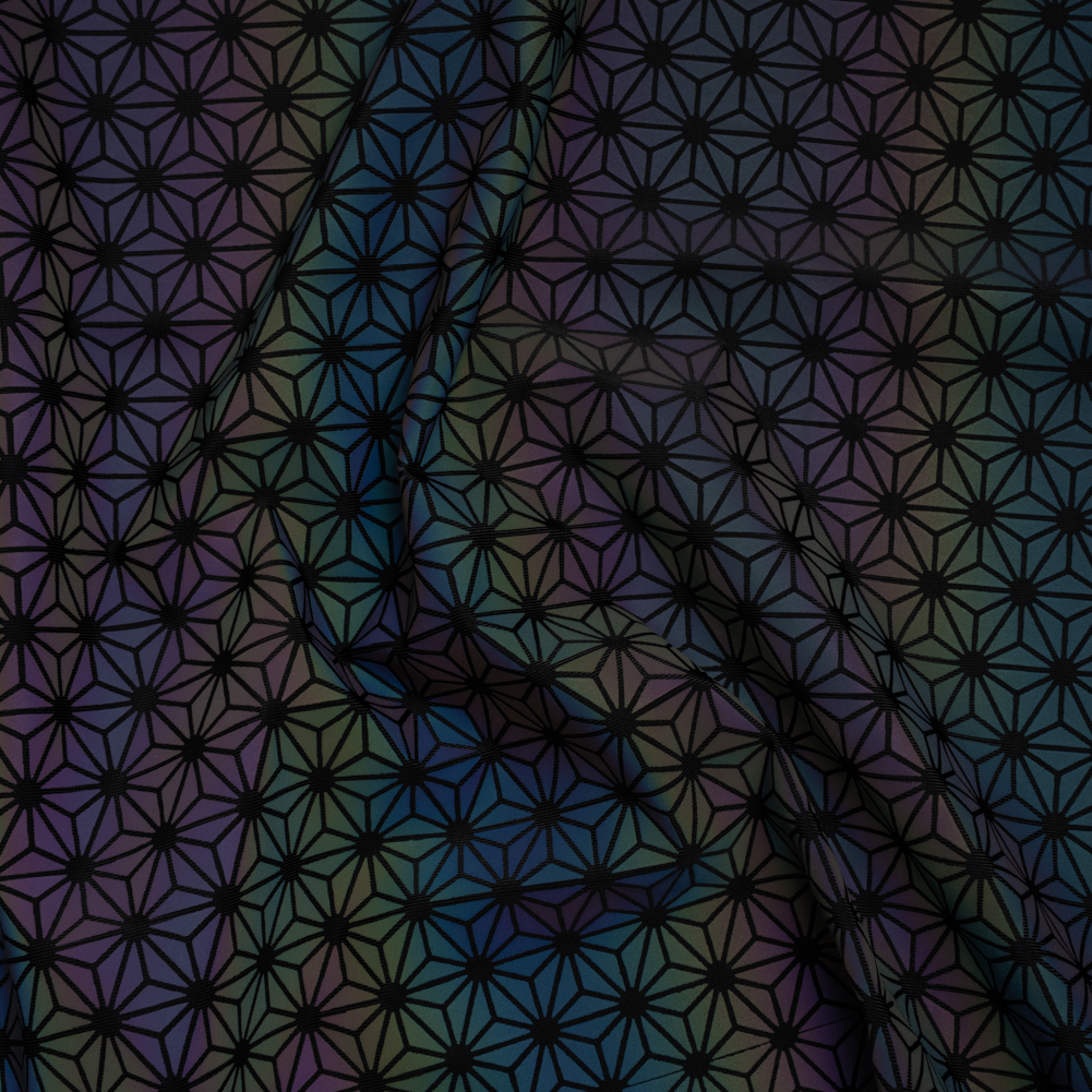 Reflective Print Spandex Knit with 4-Way Stretch - Rainbow and Black Diamond Geometric