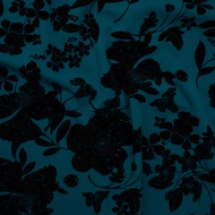 Stretch Polyester Crepe Knit with Flocking – Teal and Black Floral – Designer Deadstock Stretch Polyester Crepe Knit with Flocking – Teal and Black Floral – Designer Deadstock