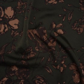 Hammered Polyester Satin – Olive Green and Brown Floral – Designer Deadstock Hammered Polyester Satin – Olive Green and Brown Floral – Designer Deadstock