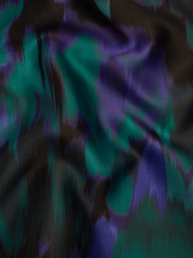 Polyester Twill Print – Emerald, Black and Ultramarine Blue Ikat Floral – Designer Deadstock Polyester Twill Print – Emerald, Black and Ultramarine Blue Ikat Floral – Designer Deadstock