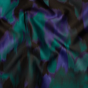 Polyester Twill Print – Emerald, Black and Ultramarine Blue Ikat Floral – Designer Deadstock Polyester Twill Print – Emerald, Black and Ultramarine Blue Ikat Floral – Designer Deadstock
