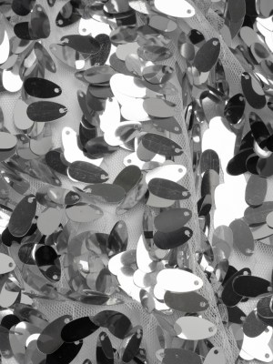 Polyester Tulle with Teardrop Sequin Fringe – White and Silver – Designer Deadstock Polyester Tulle with Teardrop Sequin Fringe – White and Silver – Designer Deadstock