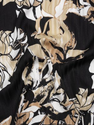 Polyester Burnout Stripes Crepe Back Satin – Black, Beige and White Floral over Stripes – Designer Deadstock Polyester Burnout Stripes Crepe Back Satin – Black, Beige and White Floral over Stripes – Designer Deadstock