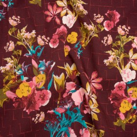 Stretch Cotton Poplin Print – Plum Purple, Pink and Yellow Floral and Broken Grid Lines – Designer Deadstock Stretch Cotton Poplin Print – Plum Purple, Pink and Yellow Floral and Broken Grid Lines – Designer Deadstock
