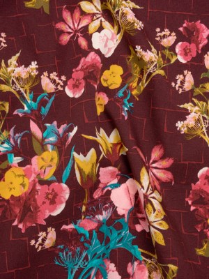 Stretch Cotton Poplin Print – Plum Purple, Pink and Yellow Floral and Broken Grid Lines – Designer Deadstock Stretch Cotton Poplin Print – Plum Purple, Pink and Yellow Floral and Broken Grid Lines – Designer Deadstock