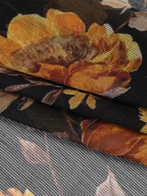 Polyester Chiffon Print with Textured Pinstripes – Black, Yellow and Orange Floral – Designer Deadstock Polyester Chiffon Print with Textured Pinstripes – Black, Yellow and Orange Floral – Designer Deadstock