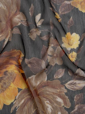 Polyester Chiffon Print with Textured Pinstripes – Black, Yellow and Orange Floral – Designer Deadstock Polyester Chiffon Print with Textured Pinstripes – Black, Yellow and Orange Floral – Designer Deadstock