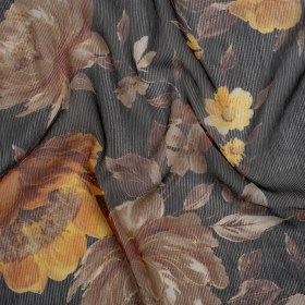 Polyester Chiffon Print with Textured Pinstripes – Black, Yellow and Orange Floral – Designer Deadstock Polyester Chiffon Print with Textured Pinstripes – Black, Yellow and Orange Floral – Designer Deadstock