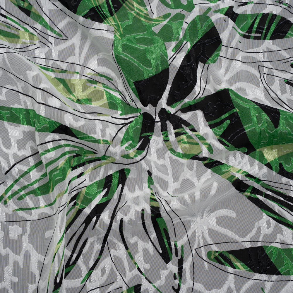 Polyester Burnout Brocade Print – White, Green and Black Floral – Designer Deadstock Polyester Burnout Brocade Print – White, Green and Black Floral – Designer Deadstock