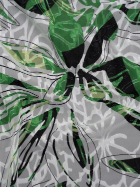 Polyester Burnout Brocade Print – White, Green and Black Floral – Designer Deadstock Polyester Burnout Brocade Print – White, Green and Black Floral – Designer Deadstock