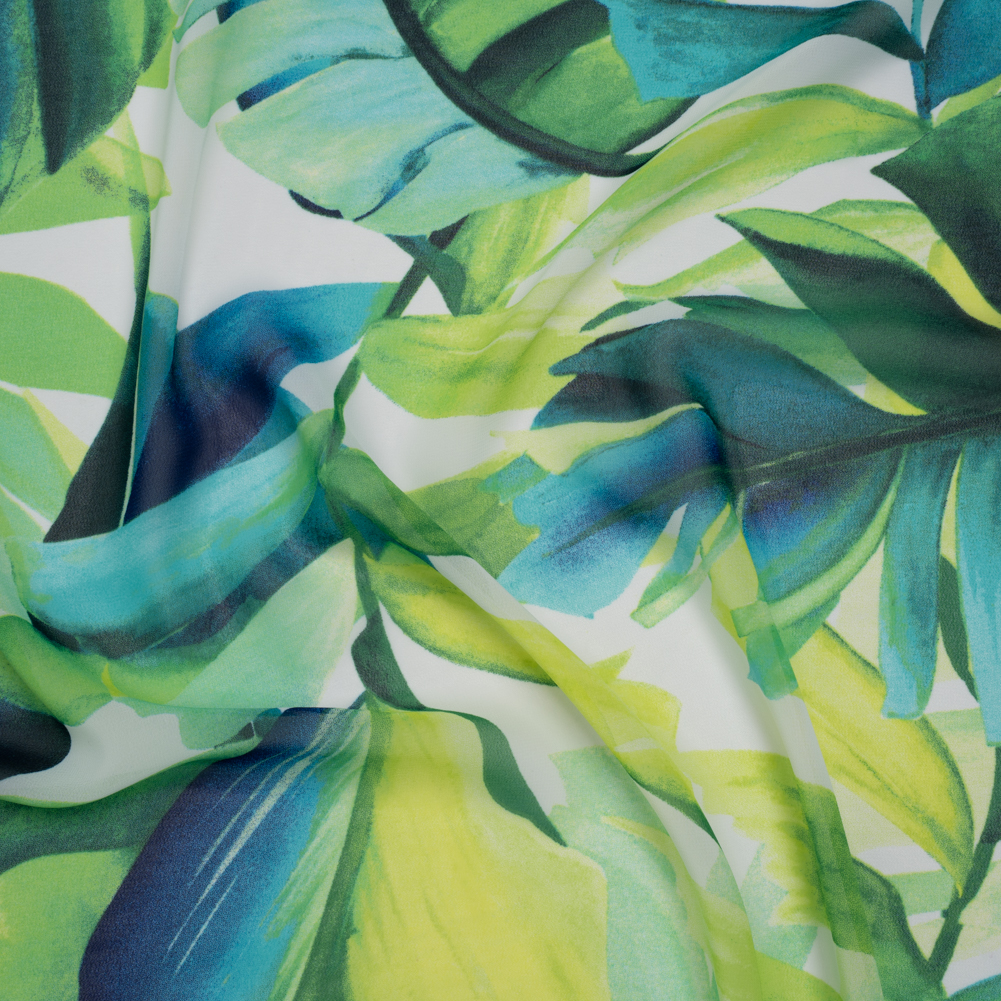 Polyester Chiffon Print – Green, Teal and Chartreuse Tropical Leaves – Designer Deadstock Polyester Chiffon Print – Green, Teal and Chartreuse Tropical Leaves – Designer Deadstock
