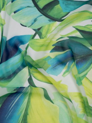 Polyester Chiffon Print – Green, Teal and Chartreuse Tropical Leaves – Designer Deadstock Polyester Chiffon Print – Green, Teal and Chartreuse Tropical Leaves – Designer Deadstock
