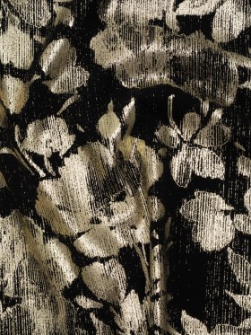 Stretch Polyester Crepe Knit with Foiling – Black and Gold Textured Florals – Designer Deadstock Stretch Polyester Crepe Knit with Foiling – Black and Gold Textured Florals – Designer Deadstock