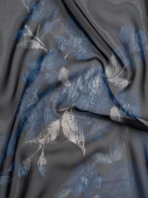 Foiled Polyester Chiffon Print – Black, Blue and Silver Ikat Roses – Designer Deadstock Foiled Polyester Chiffon Print – Black, Blue and Silver Ikat Roses – Designer Deadstock