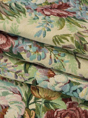 Polyester and Cotton Jacquard Made in Italy – Wine Red, Leaf Green, and Yellow Rose Garden – Deadstock Polyester and Cotton Jacquard Made in Italy – Wine Red, Leaf Green, and Yellow Rose Garden – Deadstock