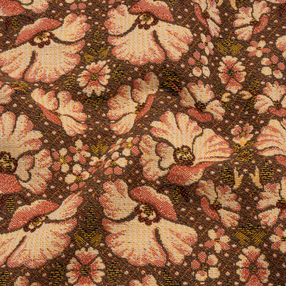 Polyester and Cotton Jacquard Made in Italy – Dark Peach, Mustard Yellow and Brown Floral – Deadstock Polyester and Cotton Jacquard Made in Italy – Dark Peach, Mustard Yellow and Brown Floral – Deadstock
