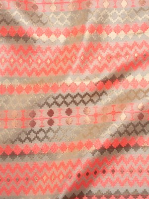 Metallic Polyester Brocade – Neon Coral, Gold and White Geometric Stripes – Deadstock Metallic Polyester Brocade – Neon Coral, Gold and White Geometric Stripes – Deadstock