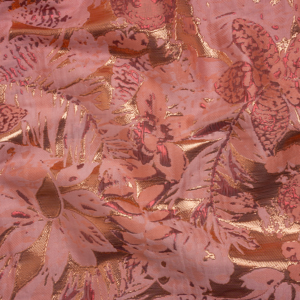 Metallic Polyester Brocade – Pink and Rose Gold Rainforest Flora – Deadstock Metallic Polyester Brocade – Pink and Rose Gold Rainforest Flora – Deadstock