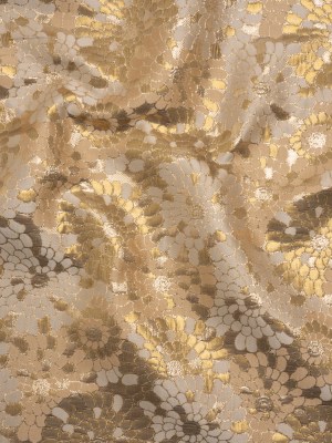 Metallic Polyester Brocade – Gold and Beige Puff Flowers – Deadstock Metallic Polyester Brocade – Gold and Beige Puff Flowers – Deadstock