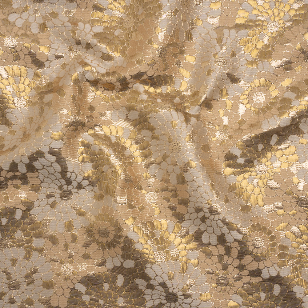 Metallic Polyester Brocade – Gold and Beige Puff Flowers – Deadstock Metallic Polyester Brocade – Gold and Beige Puff Flowers – Deadstock
