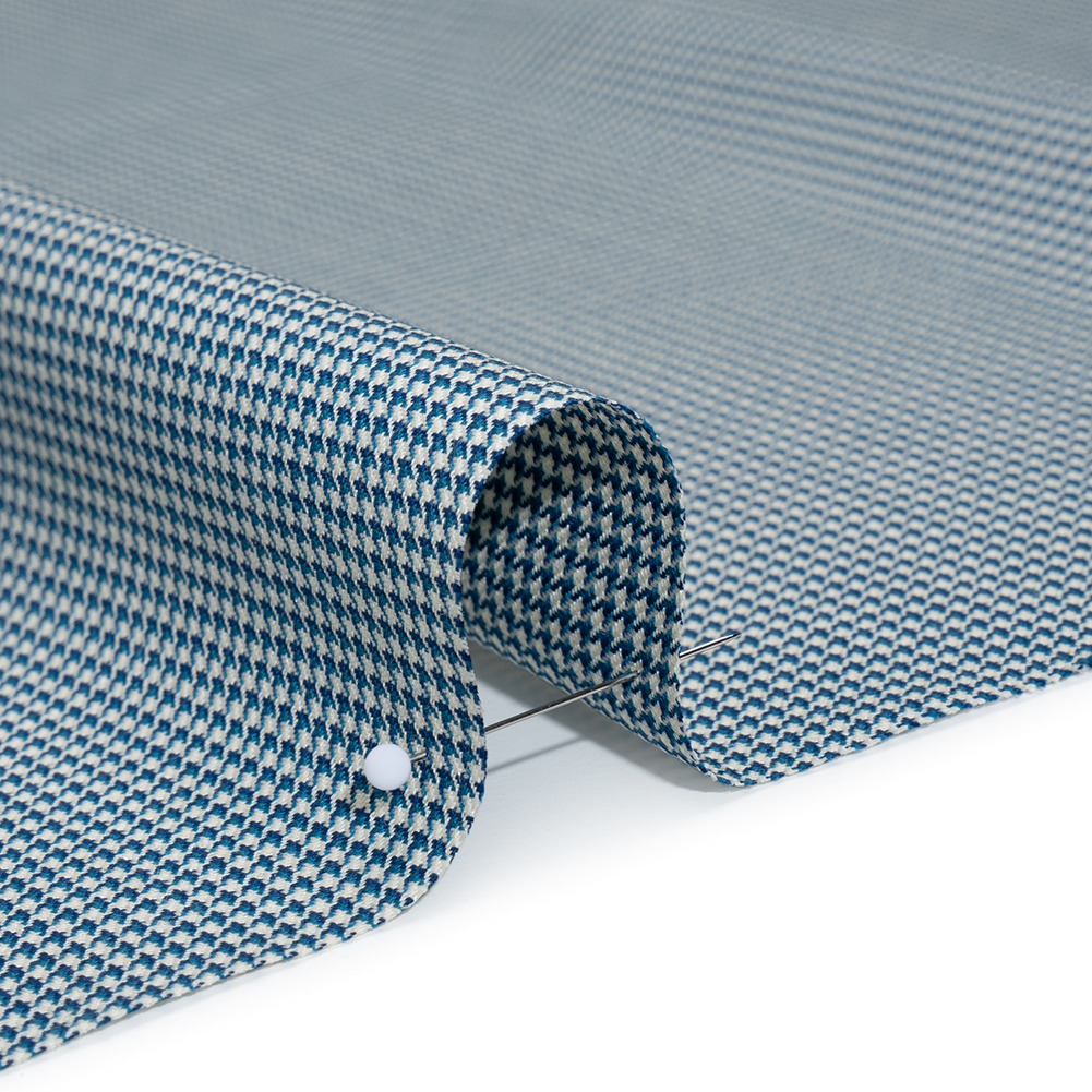 Wool Twill Suiting by Alexander McQueen - Blue, Teal and White Houndstooth - Designer Deadstock