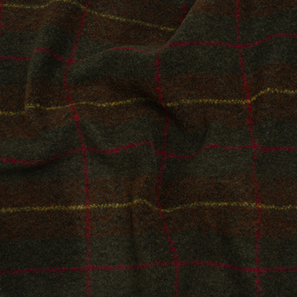 Brushed Tweedy Wool Boucle Coating – Green, Brown and Yellow Plaid – Deadstock Brushed Tweedy Wool Boucle Coating – Green, Brown and Yellow Plaid – Deadstock