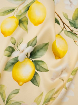 Silk Charmeuse Print 16MM, Made in Italy – Cream, Green and Yellow Blossoming Lemon Tree Silk Charmeuse Print 16MM, Made in Italy – Cream, Green and Yellow Blossoming Lemon Tree