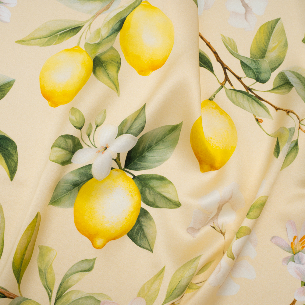 Silk Charmeuse Print 16MM, Made in Italy – Cream, Green and Yellow Blossoming Lemon Tree Silk Charmeuse Print 16MM, Made in Italy – Cream, Green and Yellow Blossoming Lemon Tree