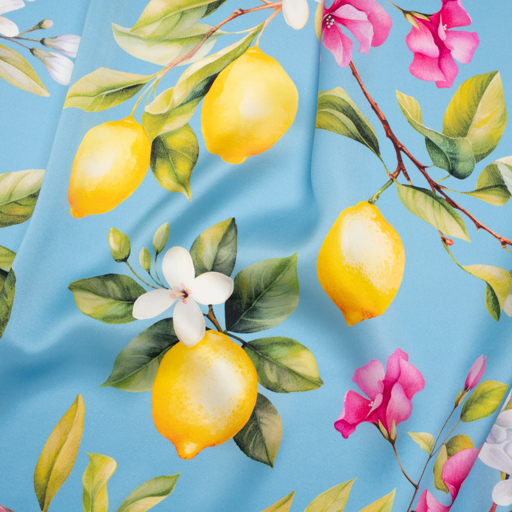 Silk Charmeuse Print 16MM, Made in Italy – Sky Blue, Green and Yellow Blossoming Lemon Tree Silk Charmeuse Print 16MM, Made in Italy – Sky Blue, Green and Yellow Blossoming Lemon Tree