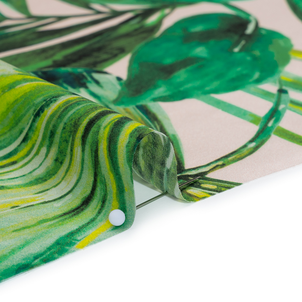 Silk Charmeuse Print 16MM, Made in Italy – Cream and Green Tropical Leaves Silk Charmeuse Print 16MM, Made in Italy – Cream and Green Tropical Leaves