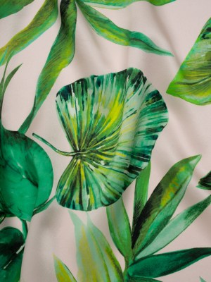 Silk Charmeuse Print 16MM, Made in Italy – Cream and Green Tropical Leaves Silk Charmeuse Print 16MM, Made in Italy – Cream and Green Tropical Leaves