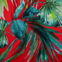 Silk Charmeuse Print 16MM, Made in Italy – Red and Green Tropical Leaves Silk Charmeuse Print 16MM, Made in Italy – Red and Green Tropical Leaves