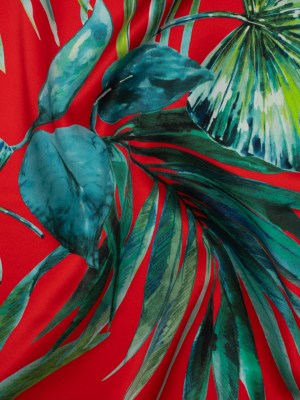Silk Charmeuse Print 16MM, Made in Italy – Red and Green Tropical Leaves Silk Charmeuse Print 16MM, Made in Italy – Red and Green Tropical Leaves
