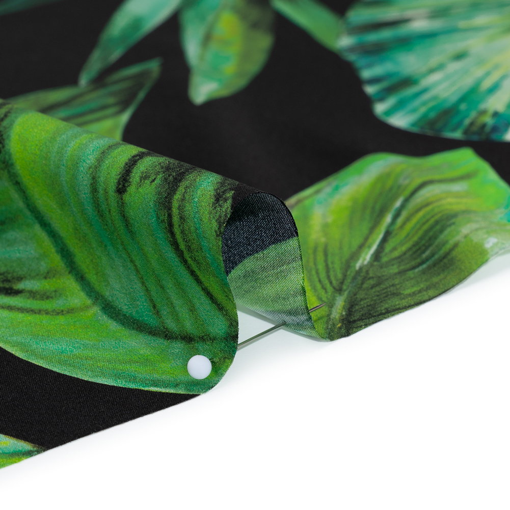 Silk Charmeuse Print 16MM, Made in Italy – Black and Green Tropical Leaves Silk Charmeuse Print 16MM, Made in Italy – Black and Green Tropical Leaves