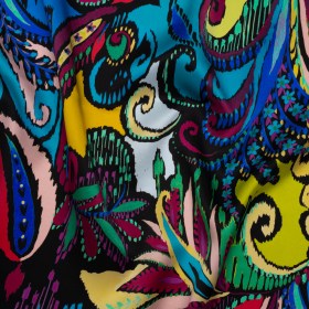 Silk Charmeuse Print 16MM, Made in Italy – Black, Turquoise and Berry Red Painterly Ikat Paisley Silk Charmeuse Print 16MM, Made in Italy – Black, Turquoise and Berry Red Painterly Ikat Paisley