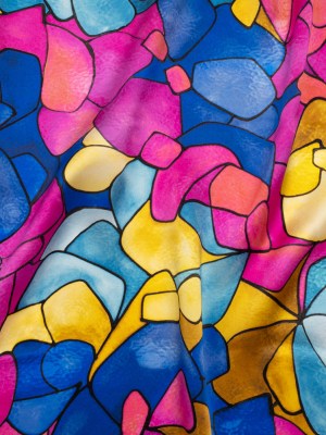 Silk Charmeuse Print 16MM, Made in Italy – Bright Pink, Golden Yellow and Blue Stained Glass Roses Silk Charmeuse Print 16MM, Made in Italy – Bright Pink, Golden Yellow and Blue Stained Glass Roses
