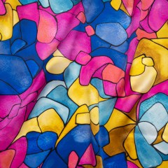 Silk Charmeuse Print 16MM, Made in Italy – Bright Pink, Golden Yellow and Blue Stained Glass Roses Silk Charmeuse Print 16MM, Made in Italy – Bright Pink, Golden Yellow and Blue Stained Glass Roses