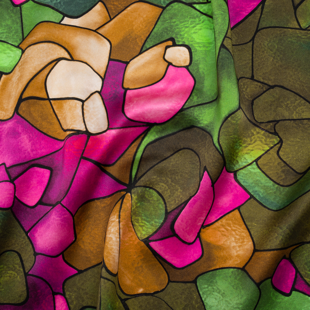 Silk Charmeuse Print 16MM, Made in Italy – Olive Green, Tan and Bright Pink Stained Glass Roses Silk Charmeuse Print 16MM, Made in Italy – Olive Green, Tan and Bright Pink Stained Glass Roses