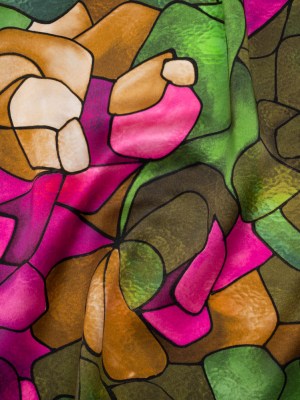 Silk Charmeuse Print 16MM, Made in Italy – Olive Green, Tan and Bright Pink Stained Glass Roses Silk Charmeuse Print 16MM, Made in Italy – Olive Green, Tan and Bright Pink Stained Glass Roses