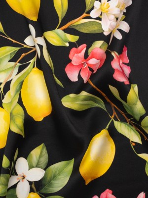 Silk Charmeuse Print 16MM, Made in Italy – Black, Green and Yellow Blossoming Lemon Tree Silk Charmeuse Print 16MM, Made in Italy – Black, Green and Yellow Blossoming Lemon Tree