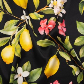 Silk Charmeuse Print 16MM, Made in Italy – Black, Green and Yellow Blossoming Lemon Tree Silk Charmeuse Print 16MM, Made in Italy – Black, Green and Yellow Blossoming Lemon Tree