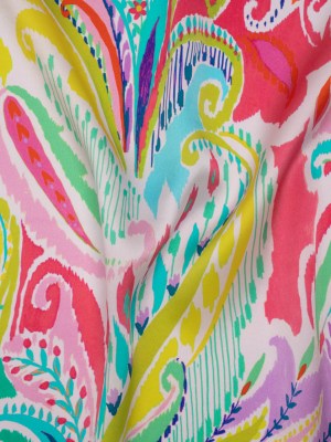 Silk Charmeuse Print 16MM, Made in Italy – White, Yellow and Purple Painterly Ikat Paisley Silk Charmeuse Print 16MM, Made in Italy – White, Yellow and Purple Painterly Ikat Paisley