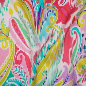 Silk Charmeuse Print 16MM, Made in Italy – White, Yellow and Purple Painterly Ikat Paisley Silk Charmeuse Print 16MM, Made in Italy – White, Yellow and Purple Painterly Ikat Paisley