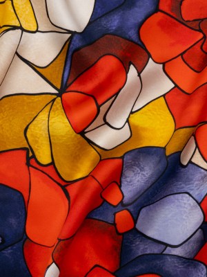 Silk Charmeuse Print 16MM, Made in Italy – Red, Golden Yellow and Dark Blue Stained Glass Roses Silk Charmeuse Print 16MM, Made in Italy – Red, Golden Yellow and Dark Blue Stained Glass Roses