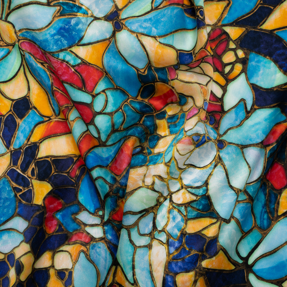 Silk Charmeuse Print 16MM, Made in Italy – Sky Blue, Golden Yellow and Red Stained Glass Flower Mosaic Silk Charmeuse Print 16MM, Made in Italy – Sky Blue, Golden Yellow and Red Stained Glass Flower Mosaic