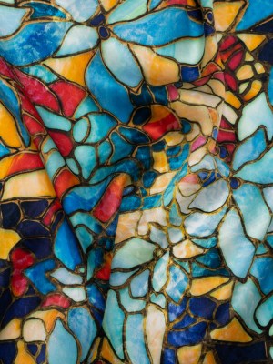 Silk Charmeuse Print 16MM, Made in Italy – Sky Blue, Golden Yellow and Red Stained Glass Flower Mosaic Silk Charmeuse Print 16MM, Made in Italy – Sky Blue, Golden Yellow and Red Stained Glass Flower Mosaic