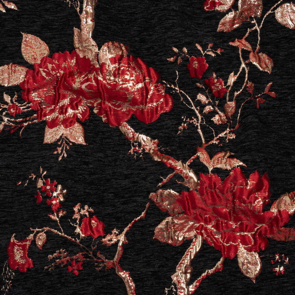 Yaya Han Metallic Chenille Brocade – Black, Red and Gold Floral – Cosplay Collection Yaya Han Metallic Chenille Brocade – Black, Red and Gold Floral – Cosplay Collection