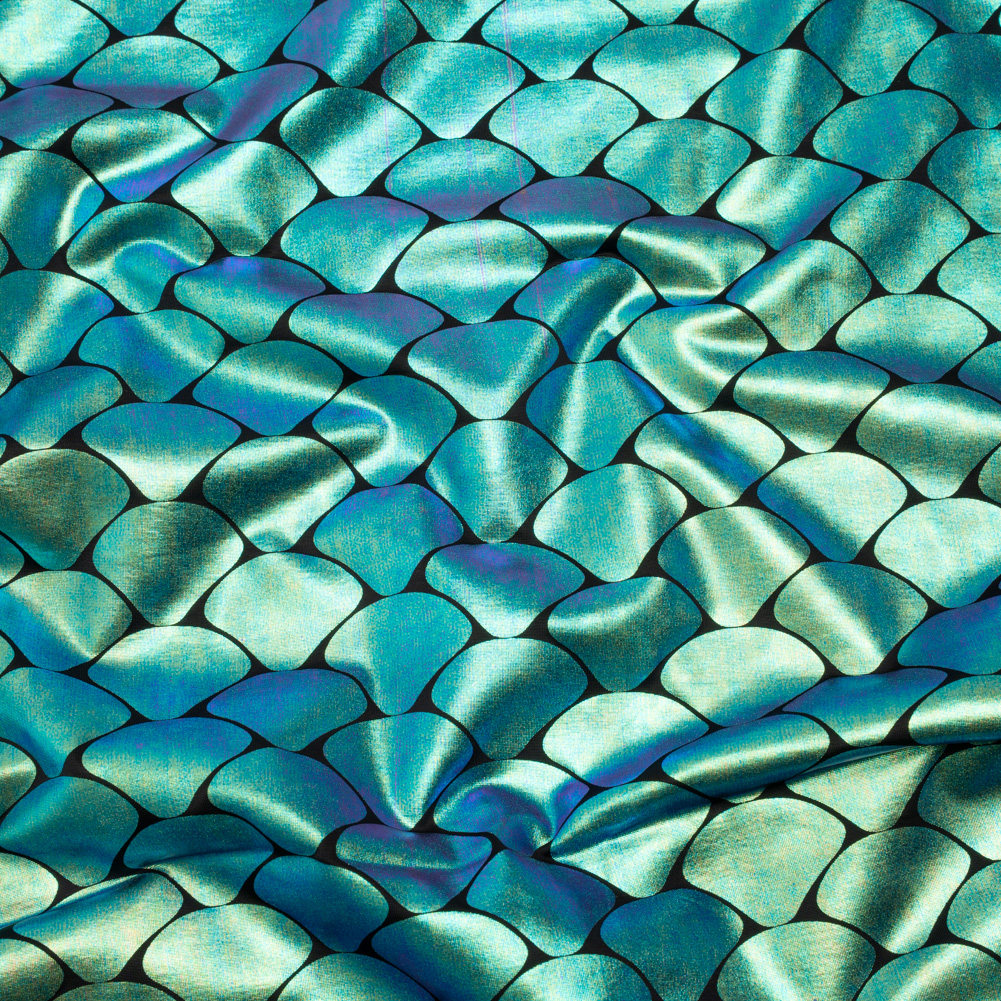 Yaya Han Metallic Foiled Stretch Spandex Polyester Jersey – Aqua Blue and Purple Oil Slick Mermaid Fish Scales on Black – Cosplay Collection Yaya Han Metallic Foiled Stretch Spandex Polyester Jersey – Aqua Blue and Purple Oil Slick Mermaid Fish Scales on Black – Cosplay Collection